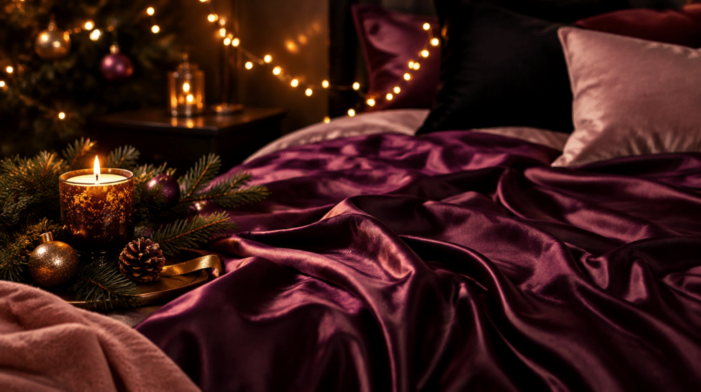 Ambiance cosy de lingerie de Noël, satin prune et lumières dorées