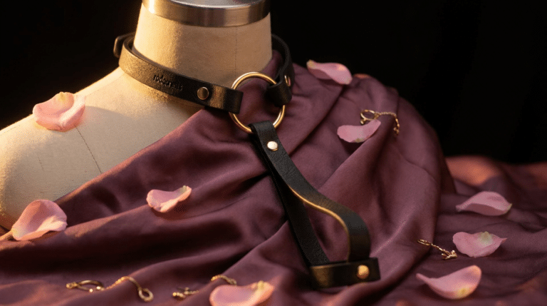Bracelet-harnais Bijoux Indiscrets posé sur un drap de soie prune