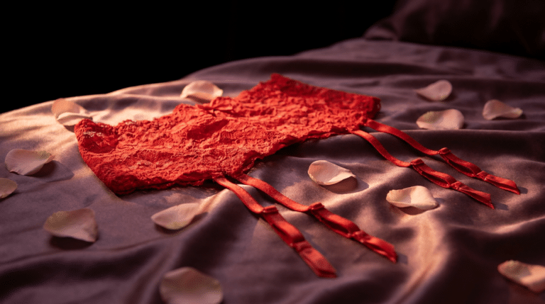 Porte-jarretelles rouge posé sur un drap de satin prune, ambiance boudoir