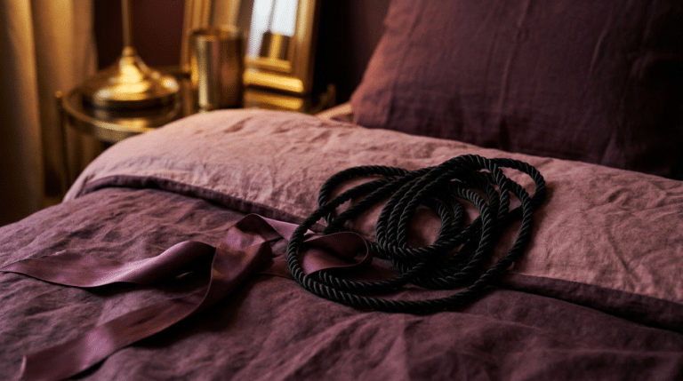 Ambiance boudoir suggestive pour un jeu de bondage léger en couple