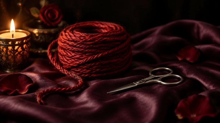 Corde de shibari en jute sur soie prune, ambiance tamisée