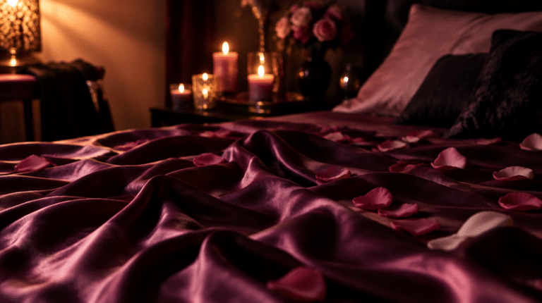 Ambiance boudoir intime et chaleureuse, drap de satin prune et pétales de rose, pour illustrer un guide sur le cunnilingus