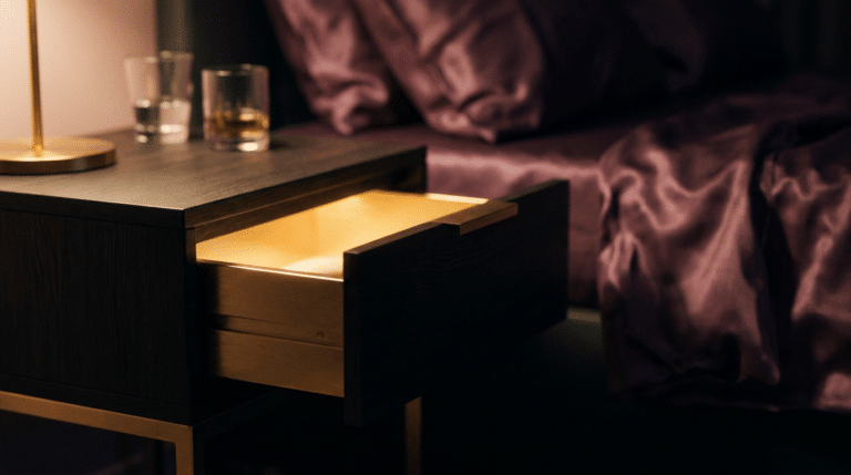 idées reçues sur les sextoys, tiroir de table de chevet entrouvert dans une ambiance intime prune et dorée