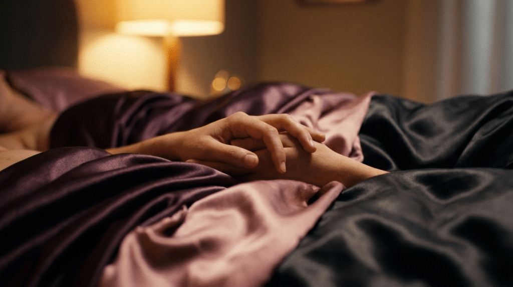 Mains entrelacées au-dessus d un drap satin, ambiance safe word en couple