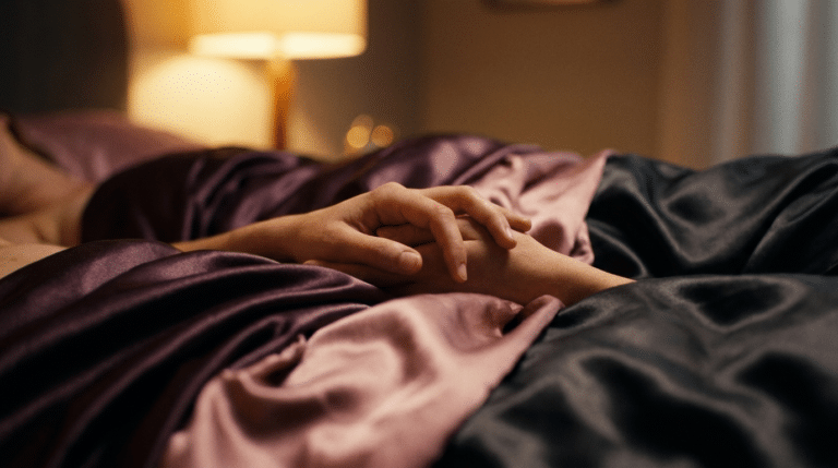 Mains entrelacées au-dessus d un drap satin, ambiance safe word en couple