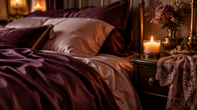 Ambiance intime avec bougie et draps de soie, illustration de la pratique de l'edging en couple