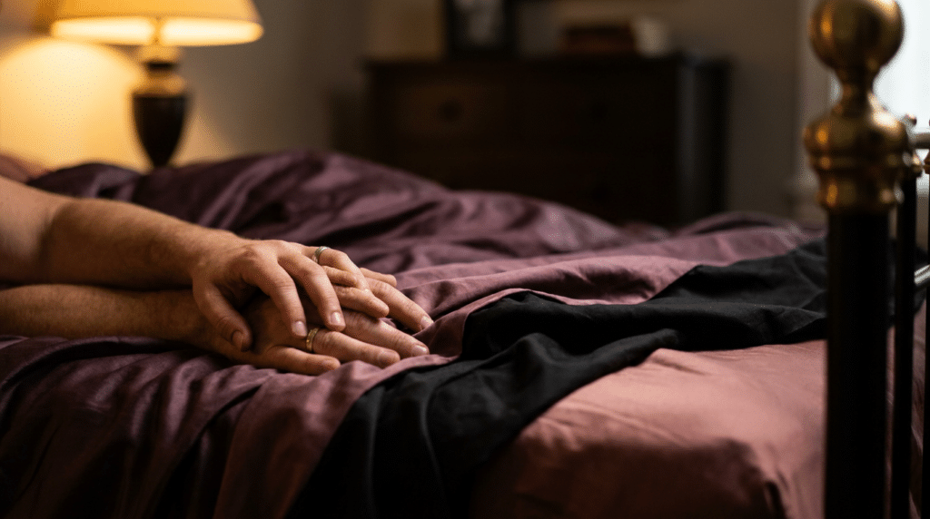 Mains entrelacées sur des draps de soie prune, ambiance intime et chaleureuse pour un moment de fellation partagée