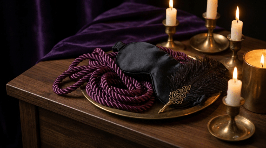Composition élégante de corde satinée, bandeau en soie noire et plume sur une table en bois sombre, ambiance tamisée pour illustrer le vocabulaire du BDSM doux