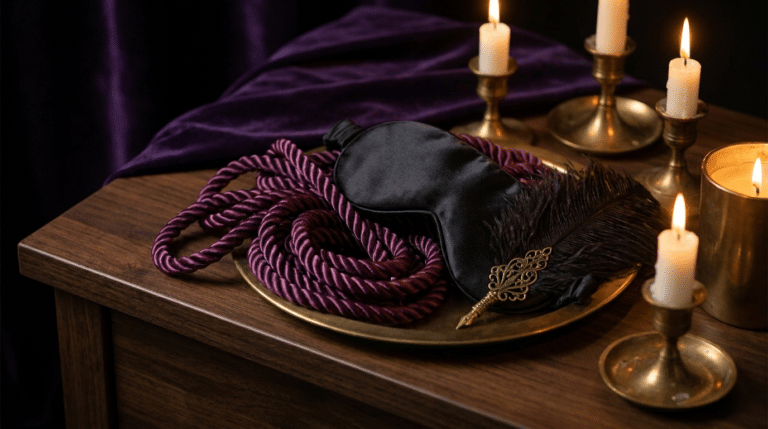 Composition élégante de corde satinée, bandeau en soie noire et plume sur une table en bois sombre, ambiance tamisée pour illustrer le vocabulaire du BDSM doux