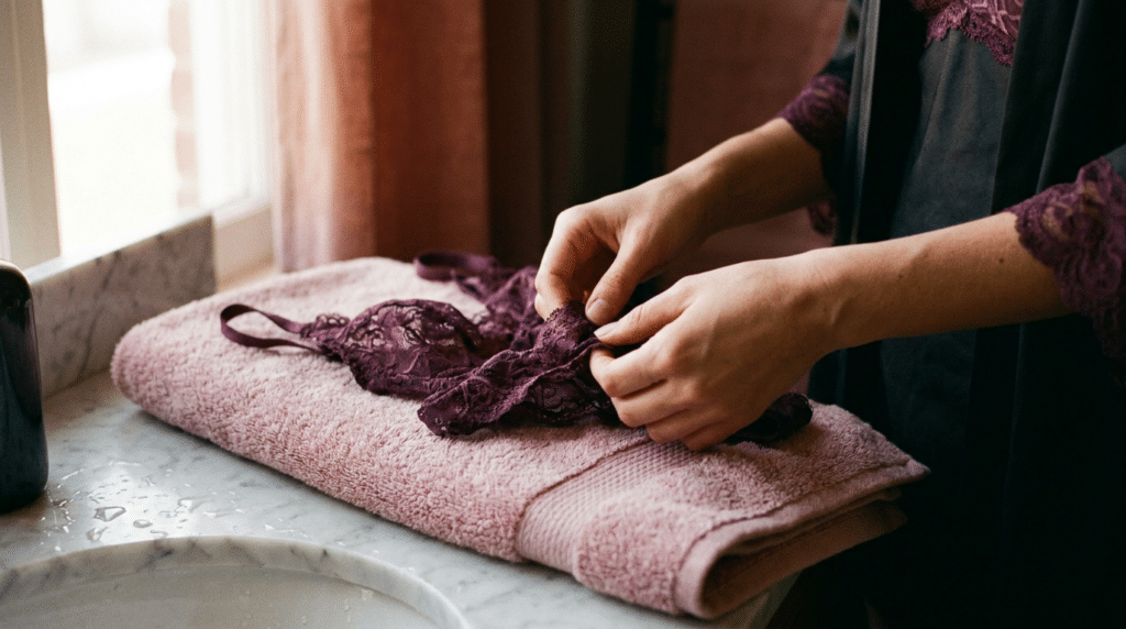 Mains délicates prenant soin d'un tissu de dentelle pour éviter les erreurs de lavage