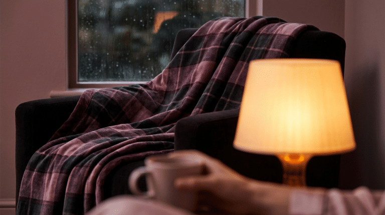 Quoi faire quand il pleut en couple : intérieur cocooning avec plaid et lumière chaude